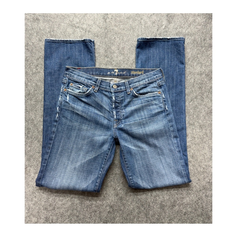 7 For All Mankind Standard Straight Leg Jeans Blue Mens 32 Whiskering Distressed